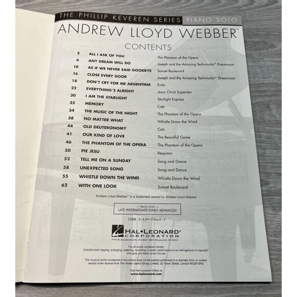 Andrew Lloyd Webber Piano Solo Book 18 Contemporary Theatre Classics Keveren - Picture 2 of 6